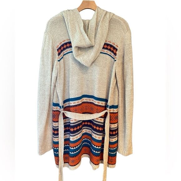 Chelsea & Violet L Beige Aztec Southwestern Knit Long Waist Tie Sweater Hoodie - Picture 3 of 8